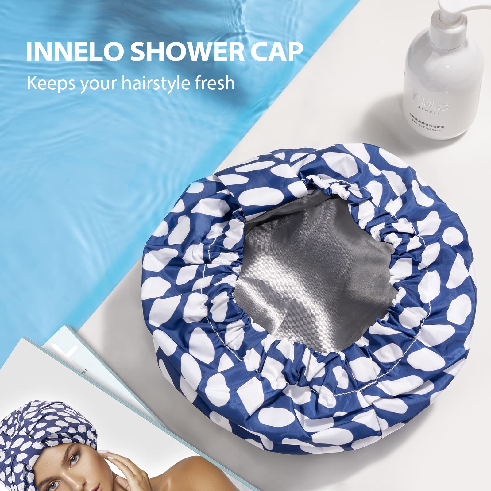Innelo Luxury Shower Cap, Reusable Upgrade Waterproof Caps For Women, Adjustable Cap Hair With Satin Lined, All Styles Blue