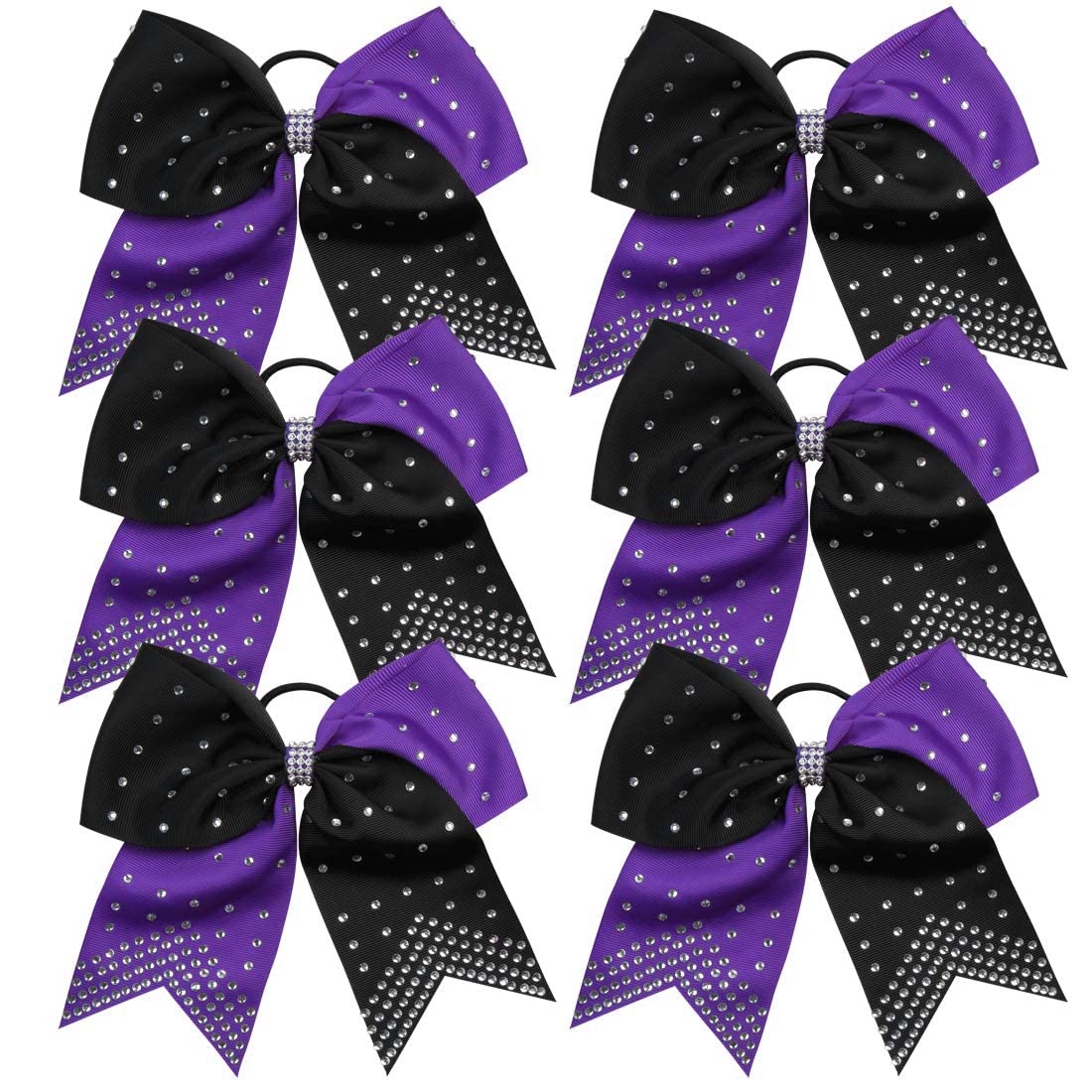 8 Inch 2 Colors Cheerleader Bows Ponytail Holder With Bling Fling Rhinestones Hair Tie Cheerleading Bows 6 Pcs (Purple/Black)