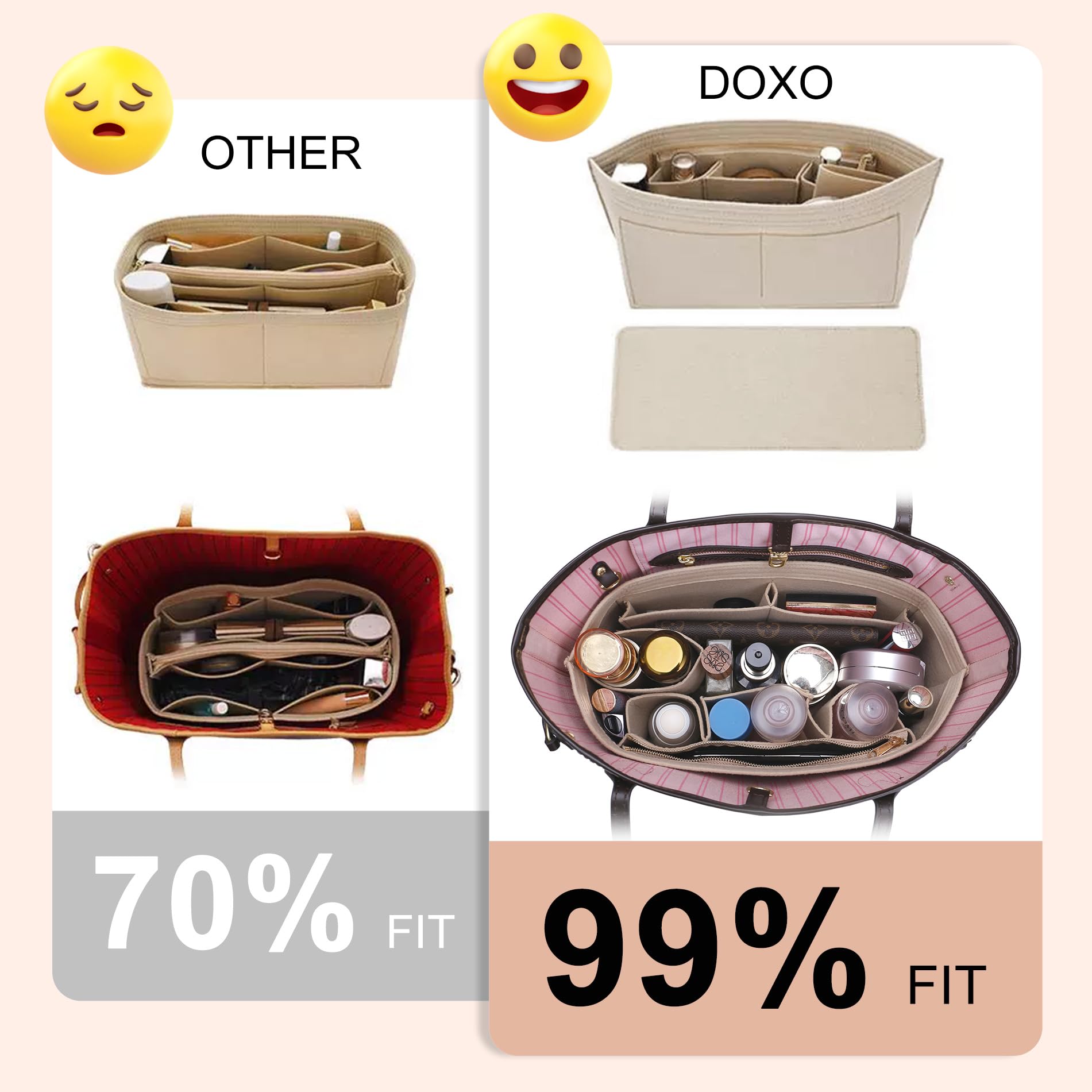 Doxo Purse Organizer Insert for Handbags & Base Shaper 2pc Set,Felt Organizer Insert Large Tote,Bag Organizer with Zipper 3 Size