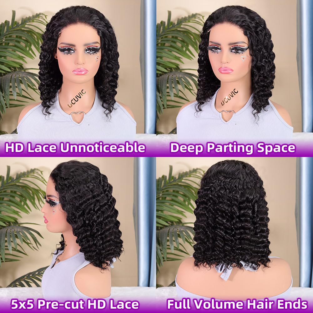 UCUVIC Curly Bob Wig Human Hair 5x5 Wear And Go Glueless Wigs Human Hair Pre Plucked Pre Cut Deep Wave Lace Front Closure Wigs F