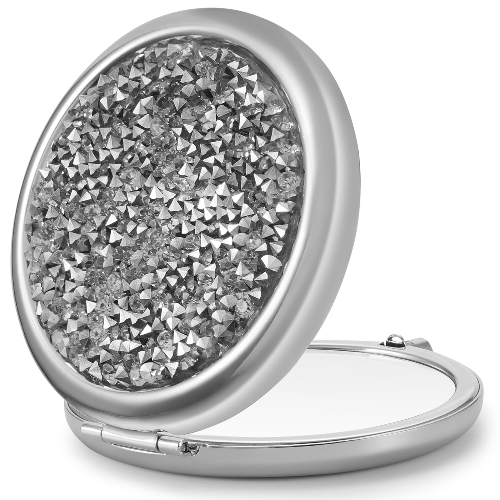 Getinbulk Compact Mirror For Purse, Double-Sided 1X/2X Magnifying Round Metal Pocket Makeup Mirrors(Silver, Mix Diamond)
