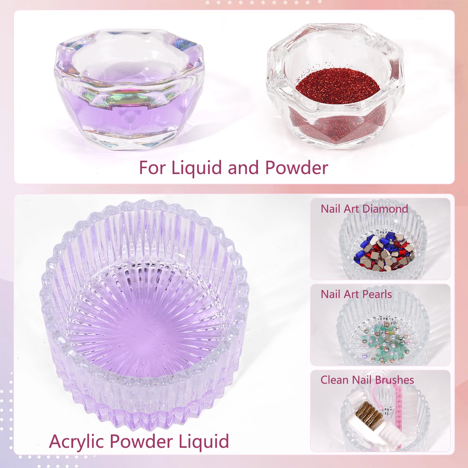 Acrylic Nail Brush Dappen Dish Set - 6Pcs Acrylic Nail Brush And 2Pcs Crystal Dappen Dish With Lid For Acrylic Nails, Monomer Di