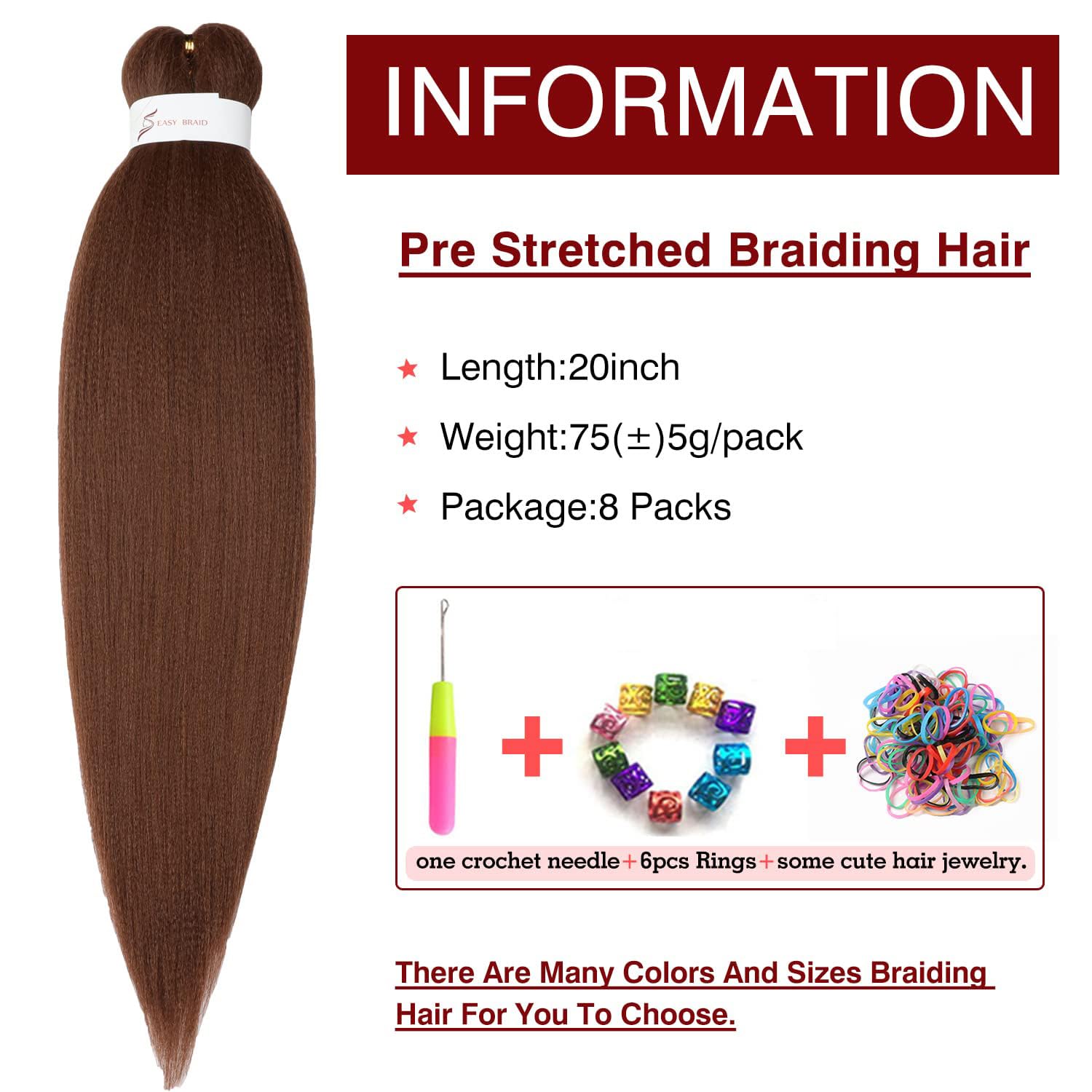 Showcoco Braiding Hair Pre Stretched Auburn Brown 20 Inch - 8 Packs Crochet Braids Hair Yaki Straight Hair For Women Hot Water S