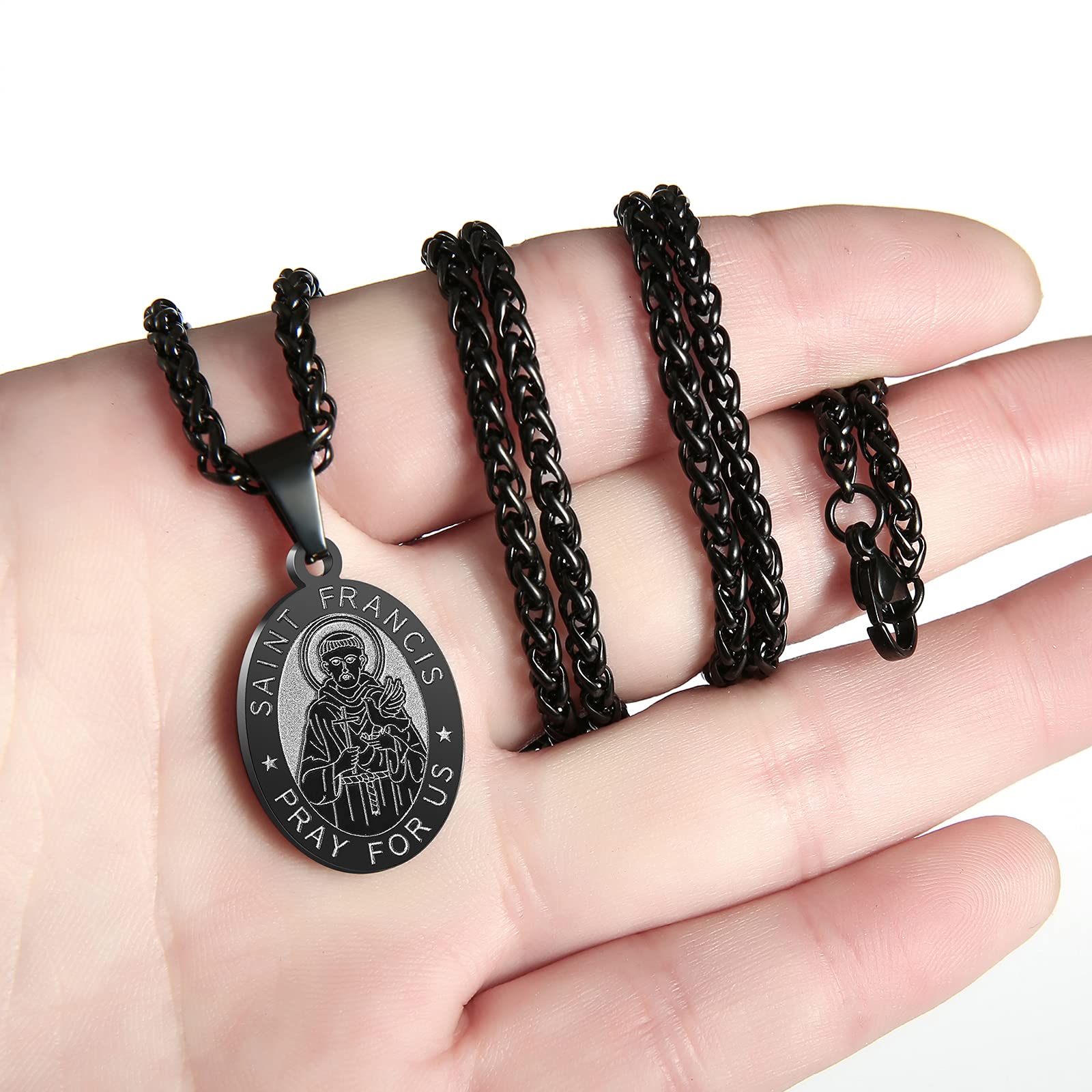 P. BLAKE Black St. Saint Francis Medal Necklace, Oval Stainless Steel Catholic Saint Francis of Assisi Pendant Medallion Chain
