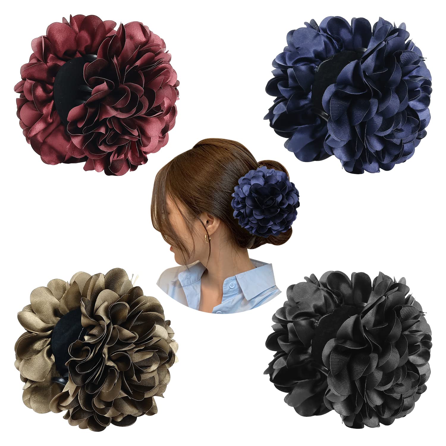 Cinaci 4 Pack Red Navy Blue Black Large Satin Flower Hair Bows Plastic Hair Claws Clips Ribbon Fabric Floral Octopus Jaw Barrett