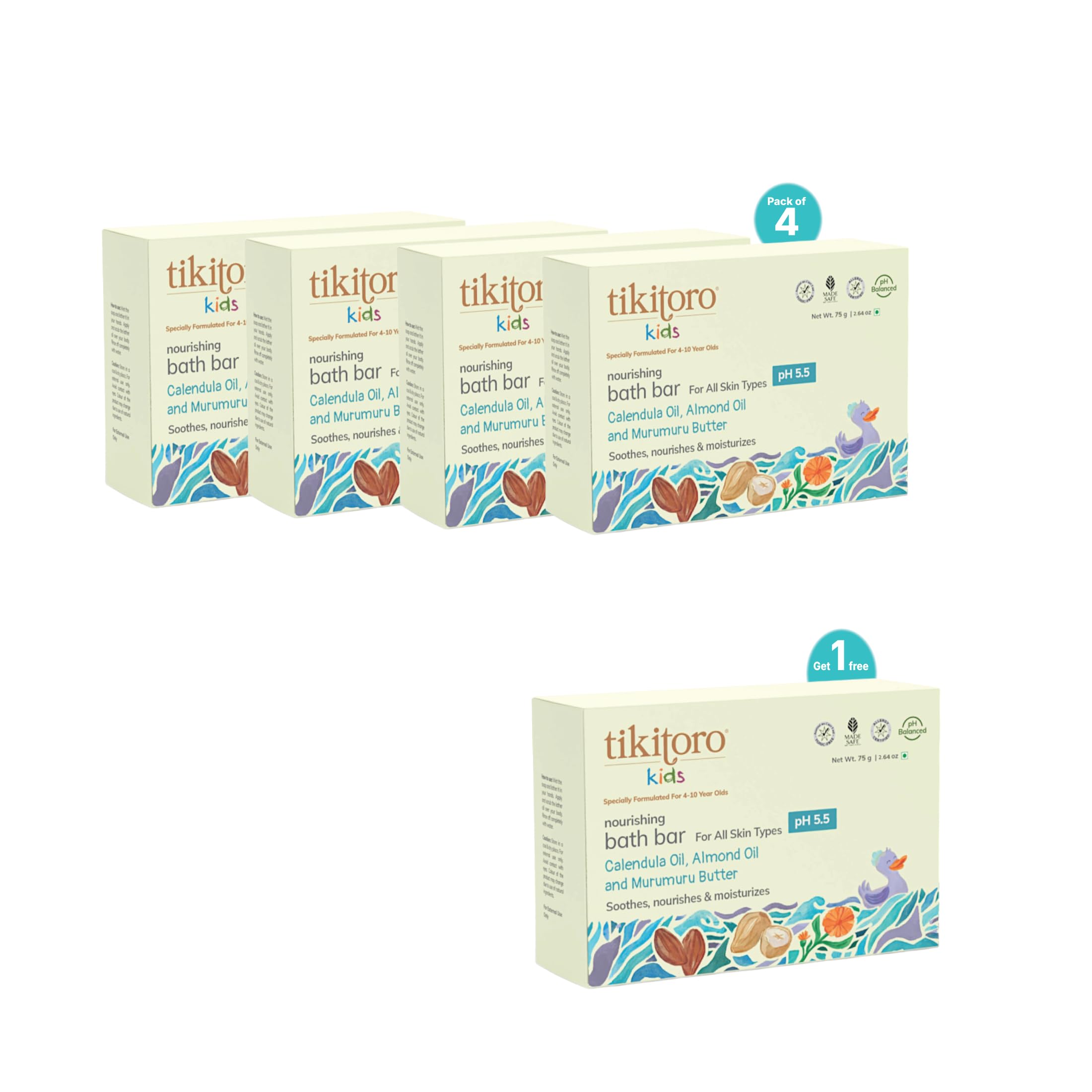 Tikitoro Kids Nourishing Bath Bar Value Pack (4 Plus 1 X 75G) | Pediatrician Approved | Murumuru Butter | Nourishes And Moisturi