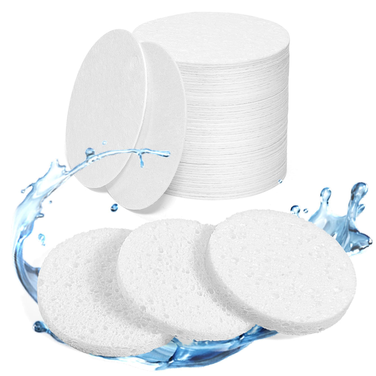 60-Count Compressed Face Sponges For Cleansing, Reusable White Natural Cellulose Travel Essentials Facial Sponge, Women Washing