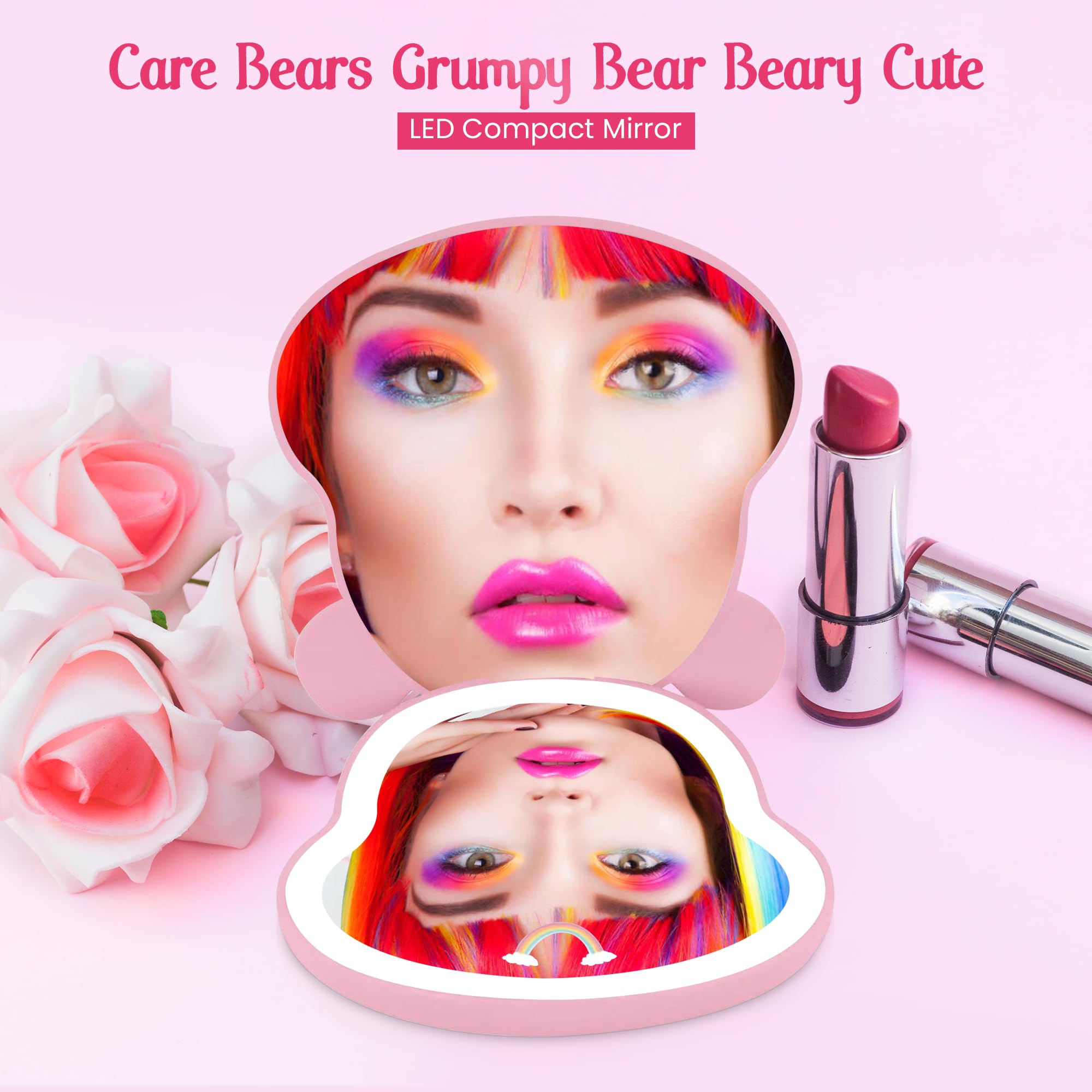 Impressions Vanity Care Bears Cheer Bear Beary Cute LED Compact Mirror for Purse, Travel Lighted Makeup Mirror with 3X Magnifica