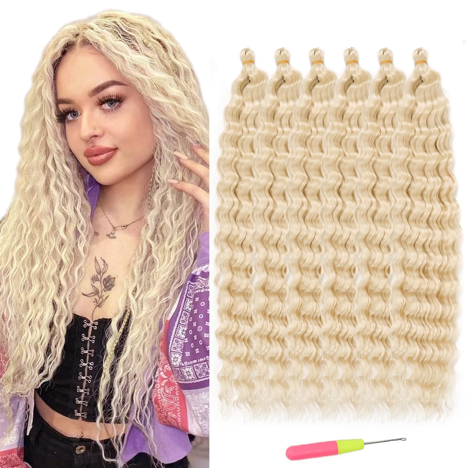 Blonde Ocean Wave Crochet Hair Extensions 30in 6Packs Curly Braiding Crochet Hair Synthetic Blonde Crochet Hair Extensions for W