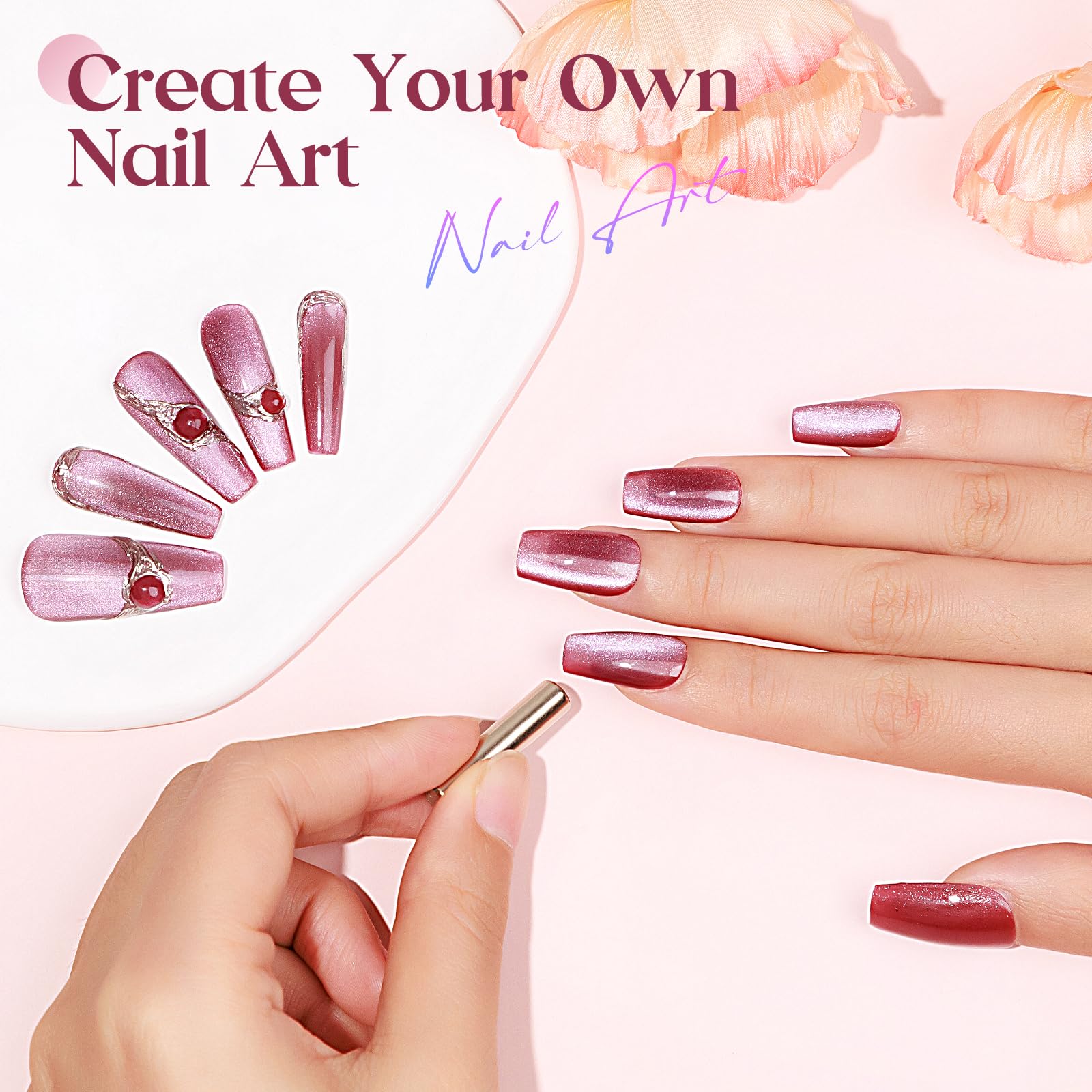 Mizhse Cat Eye Gel Nail Polish: Red Magnetic Gel Polish With Magnet Stick, Maillard Style Magic Effect Galaxy Shimmer Glitter Ho