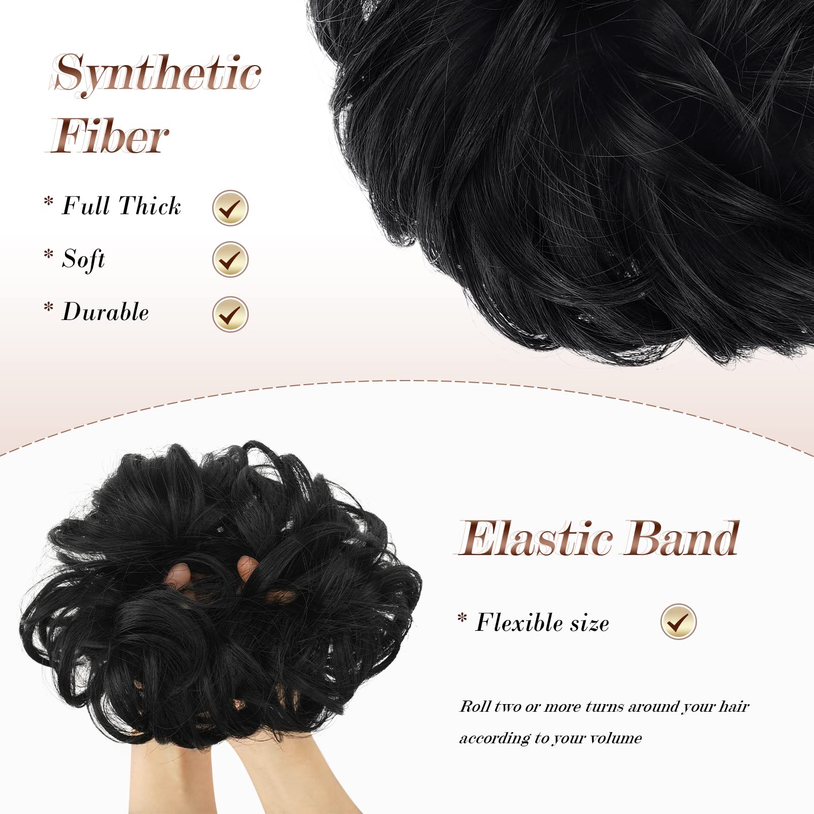 Feshfen Messy Bun Hair Piece Hair Bun Scrunchies Synthetic Jet Black Wavy Chignon Ponytail Hair Extensions Thick Updo Hairpieces