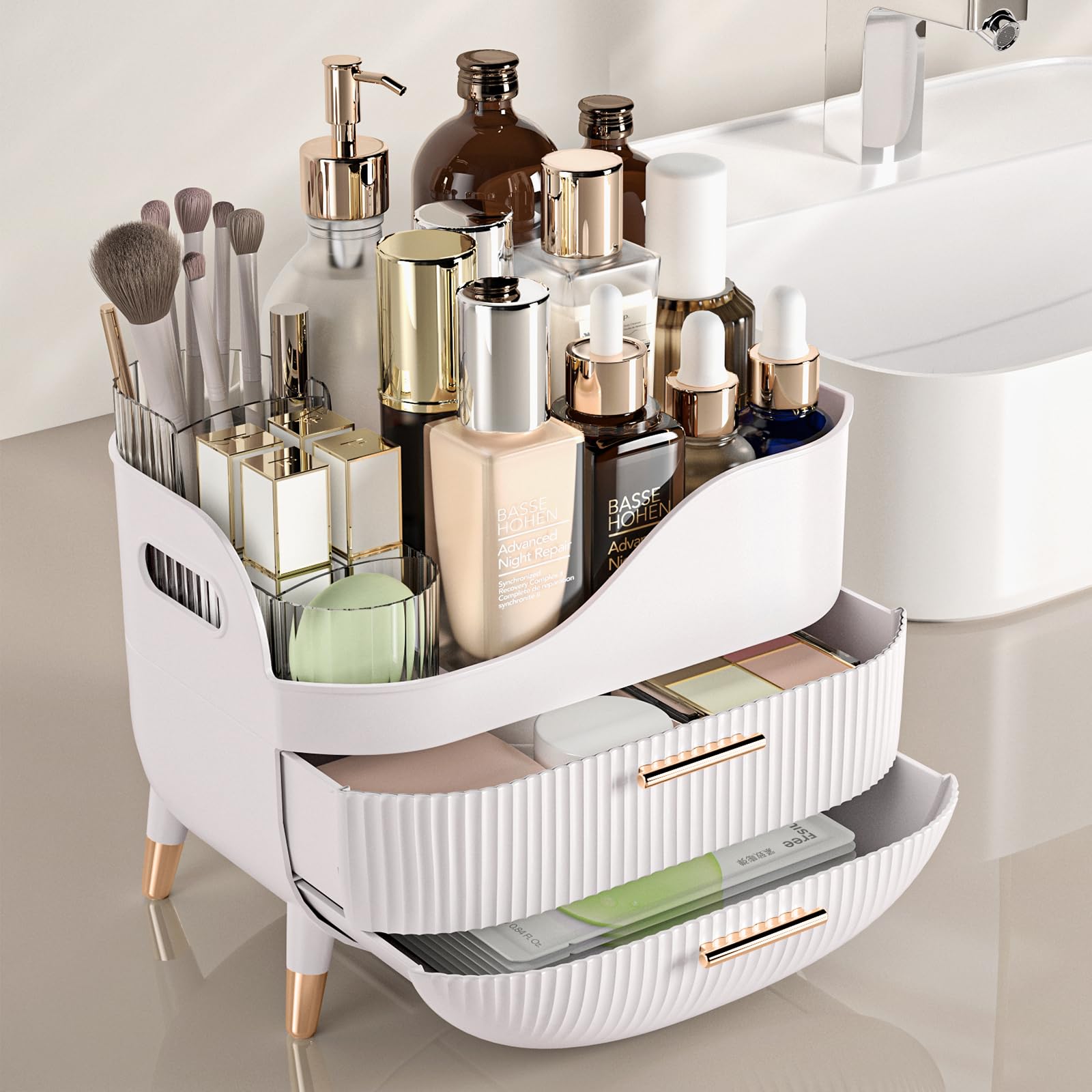 Pajiriona Makeup Organizer With Drawers,Skincare Organizer For Vanity,Storage Box With Handle,Large Cosmetic Display Case For Dr