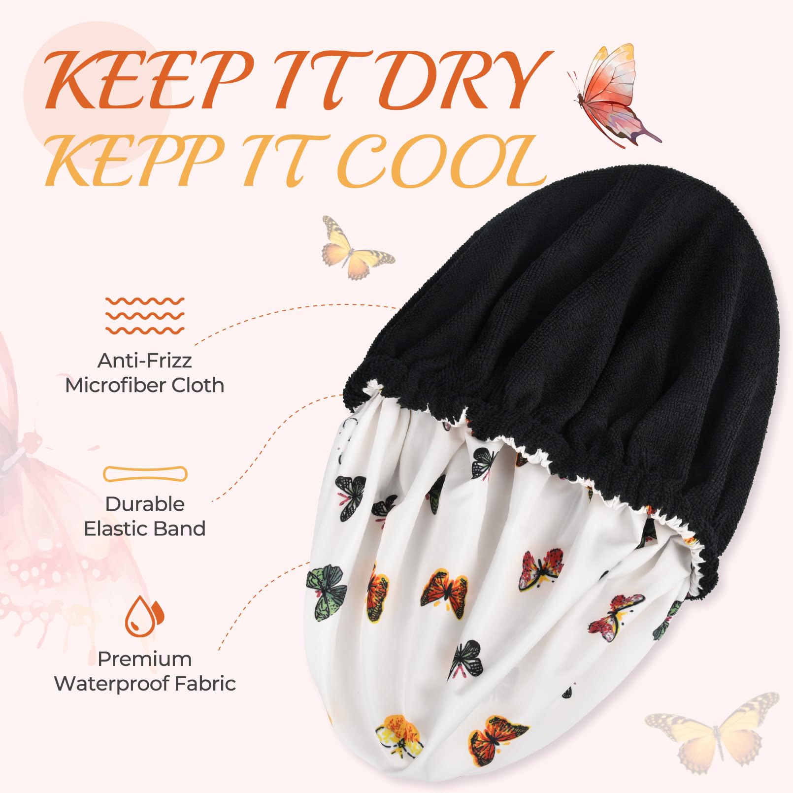 Shower Cap For Women Terry Lined Bath Cap Large Reusable Waterproof Elastic Band Butterfly Shower Caps For Long Thick Hair Soft