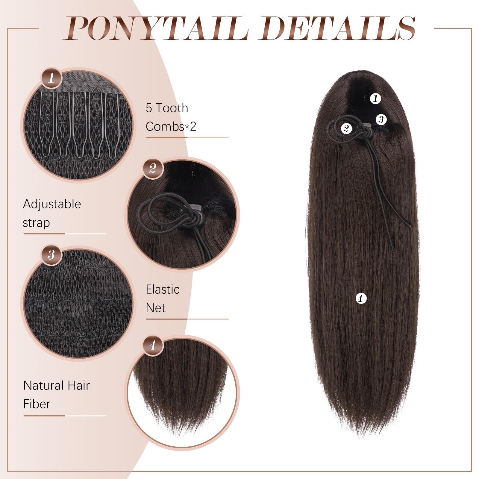 FESHFEN Straight Ponytail Extensions Long Drawstring Synthetic Hair Pieces Natural Clip in Ponytails Hairpieces for Women, Brown