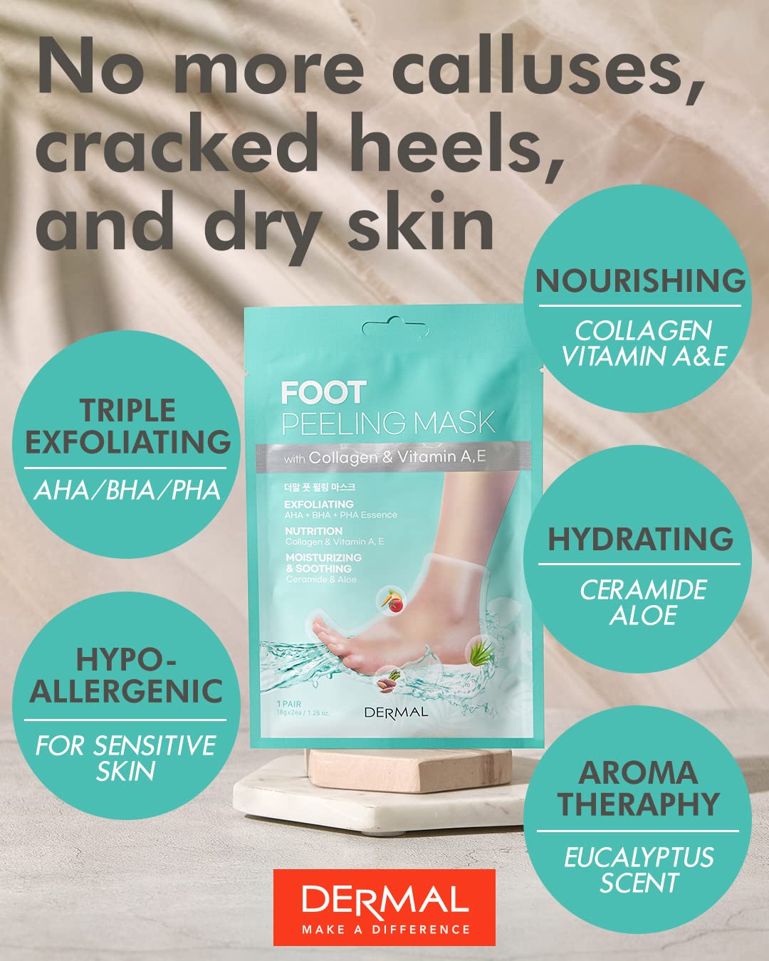 Dermal Korea Foot Peeling Mask 2 Pack For Dry Foot And Cracked Heel & Callus With Aloe Vera And Collagen - Exfoliating Peel Mask