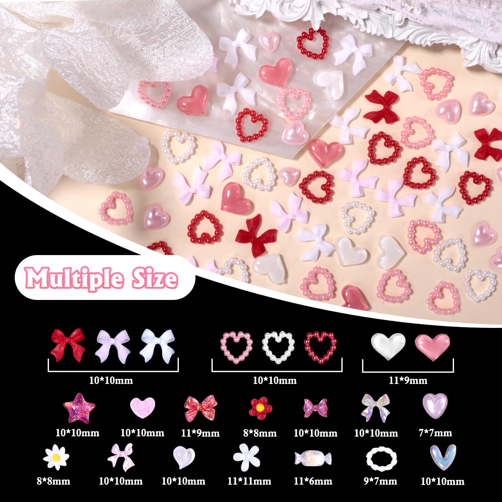 2 Boxes Mixed 3D Nail Charms And Gems, Red Pink Bows Flowers Acrylic Nail Charms Pearl Heart Nail Art Charms, Bows Heart Nail Ch