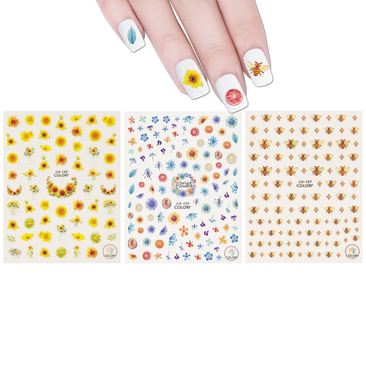 ALLYDREW 3 Sheets Buzzing Nature Nail Art Bees & Sunflowers Nail Stickers