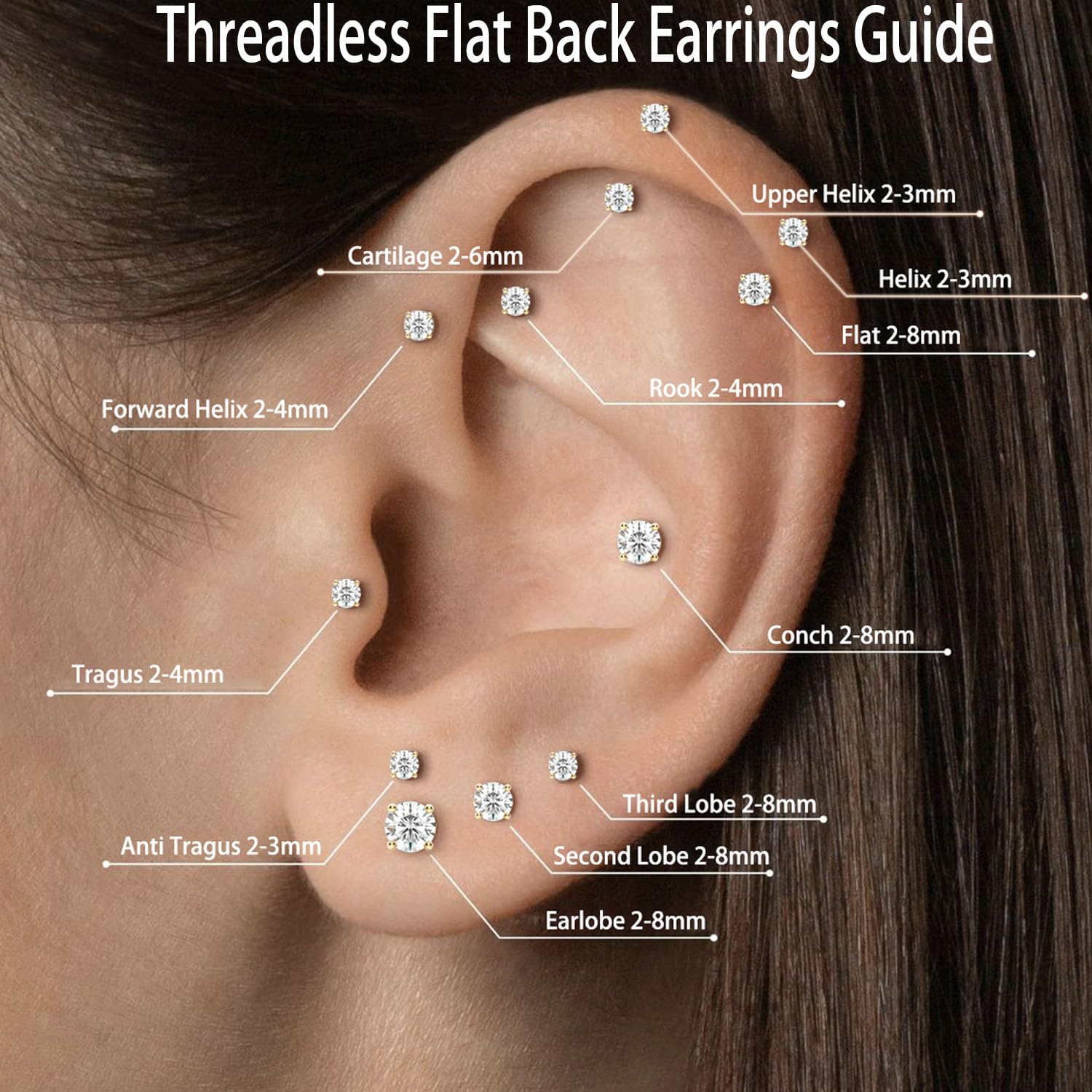 Threadless Flat Back Earrings, Hypoallergenic 14K Real Gold Plated CZ Stud Earrings | Cartilage Earring | Tragus Helix Piercing