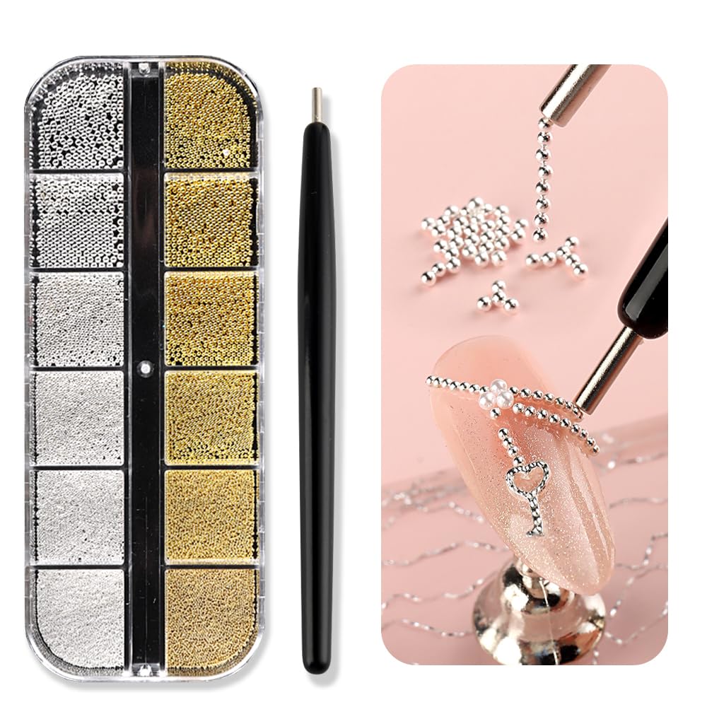3D Metal Nail Art Charms Gold Silver Micro Caviar Beads Nail Rivets Studs With Magnetic Pen For Steel Ball Suction, For Diy Craf