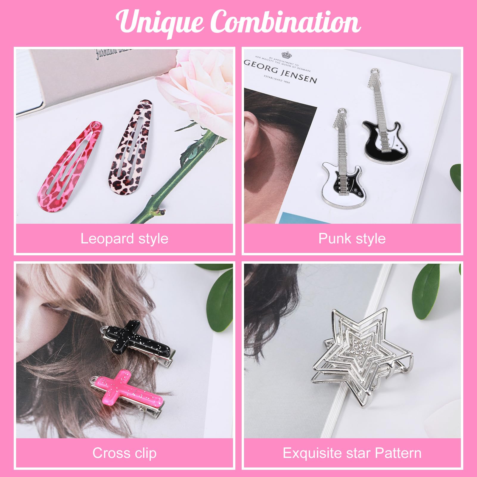 Friusate 22 Pcs Y2K Pink Hair Clips Set Kawaii Hair, Love Star Cross Hair Clip Diy Handmade Accessories Guitar Pendant, Star Cla