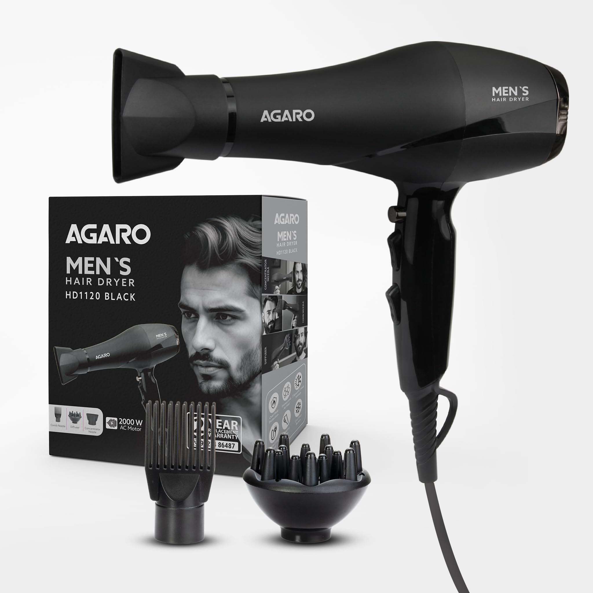 Agaro 2000W Ac Professional Hair Dryer With Comb, Concentrator & Diffuser Nozzles, Hot & Cold Air, 2 Speed & 3 Temperature Setti