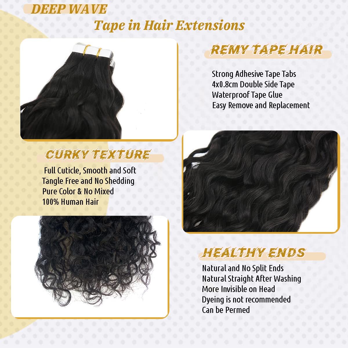 Tape In Water Wave Hair Extensions Human Hair #1B Natural Black Remy Hair Tape Ins Double Sided Skin Weft 20Inch Extensions Loos