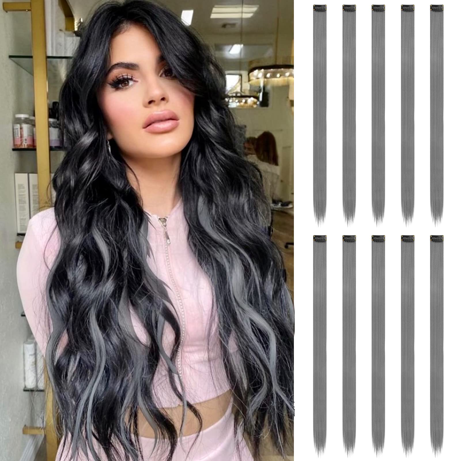 FESHFEN Grey Colored Hair Extensions, Gray Clip in Hair Extension 10 PCS Highlight Colorful Hair Piece Straight Synthetic Clip i