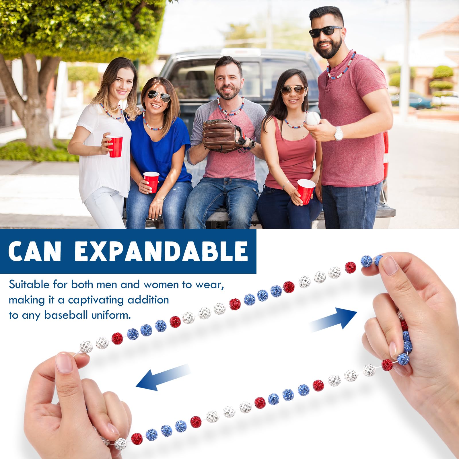 Liliaafar 6 Pcs Baseball Beaded Necklace for Teenager Bling Rhinestone Clay Beaded Necklace Gifts for Sports Team Fans(Light Blu
