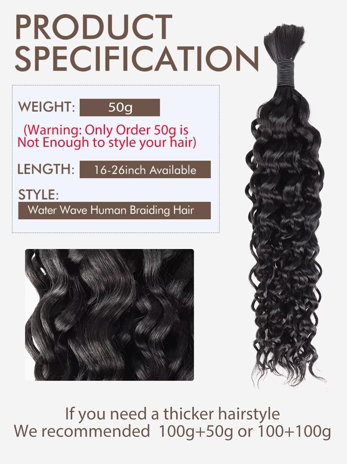 Human Braiding Hair 1 Bundle 50G 20 Inch Water Wave Bulk Human Hair For Braiding Deep No Weft 10A Brazilian Virgin Curly Human H