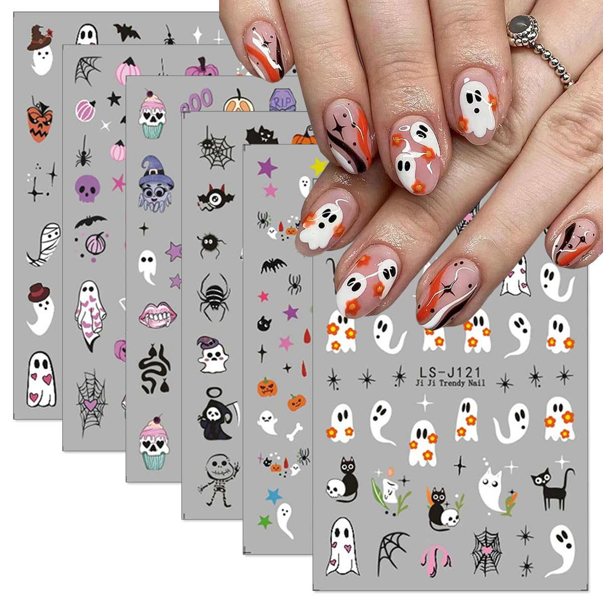 Halloween Nail Stickers For Nail Art, 6Cps Lovely Ghost Pumpkin Nail Art Stickers Decals Cat Bat Skull Spider Web Spider Hallowe