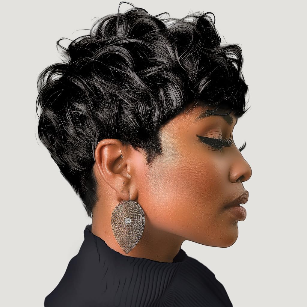 DOcute Pixie Cut Wigs Short Black Curly Pixie Wigs Layered Heat Resistant Wigs Pixie Cut Wig For Black Women Natural Wavy Wig wi