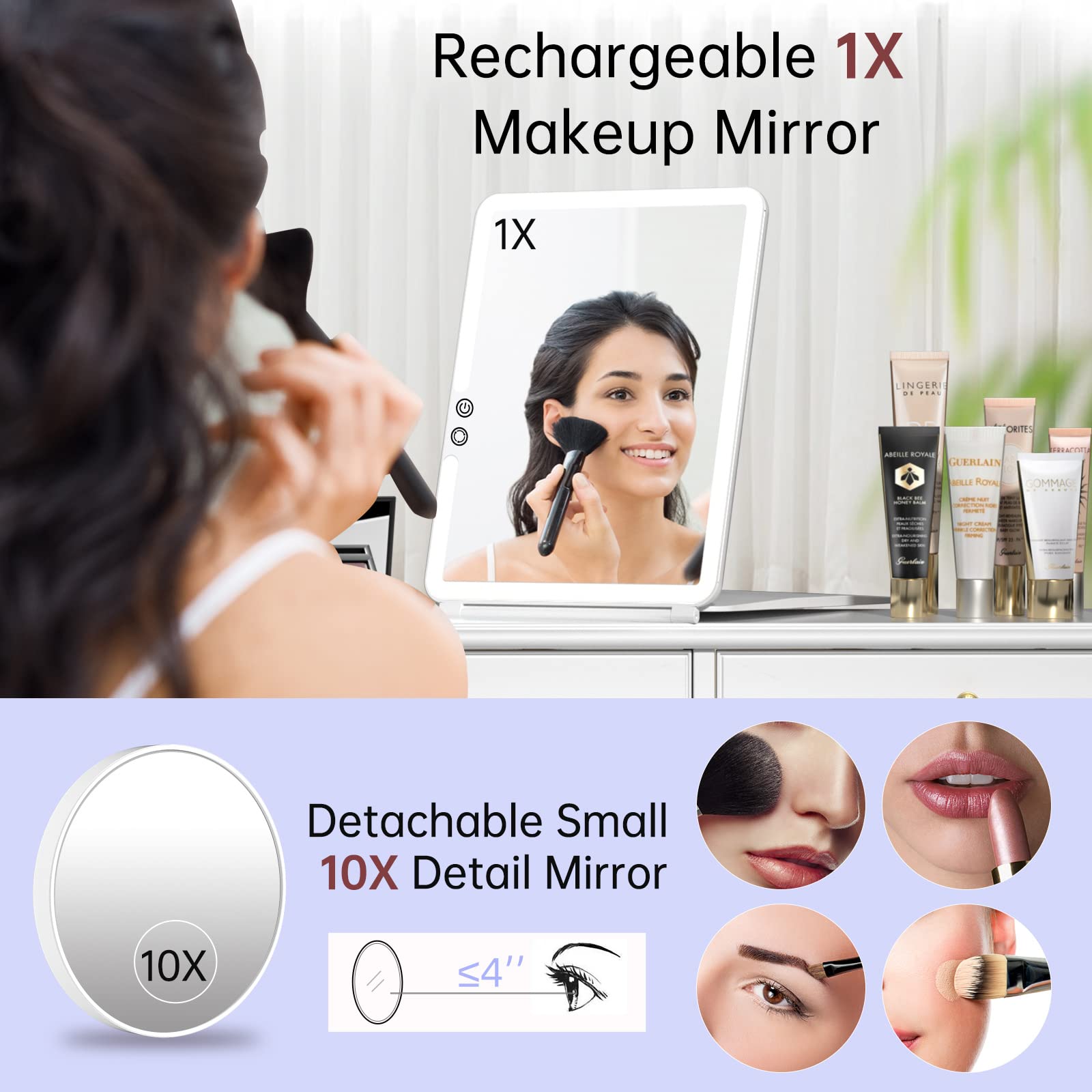 FUNTOUCH 1800mAh Rechargeable Makeup Mirror with Lights, 10x7.5", White, Model SM161+151, Portable & Dimming with 10X Magnification