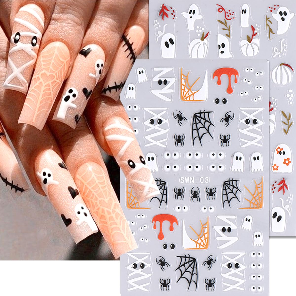 6Sheets Halloween Nail Art Stickers Cute Ghost Nail Decals For Nail Art Decoration 3D Pumpkin Spider Gothic Nail Art Design Stic