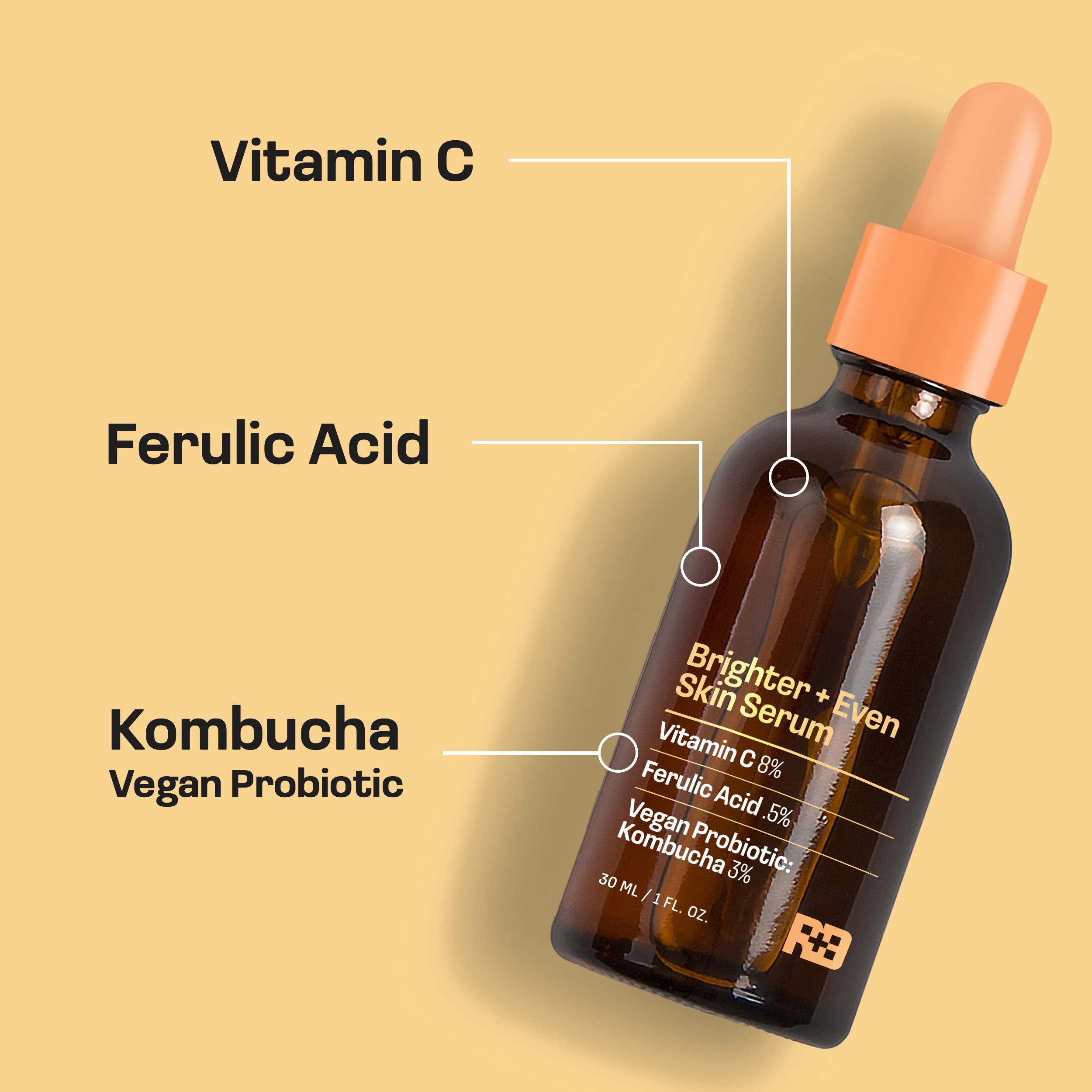 Real Basic Skin Serum for Brighter and Even Skin with Vitamin C, Ferulic Acid & Vegan Probiotic Kombucha 1 oz. - Vitamin C Serum