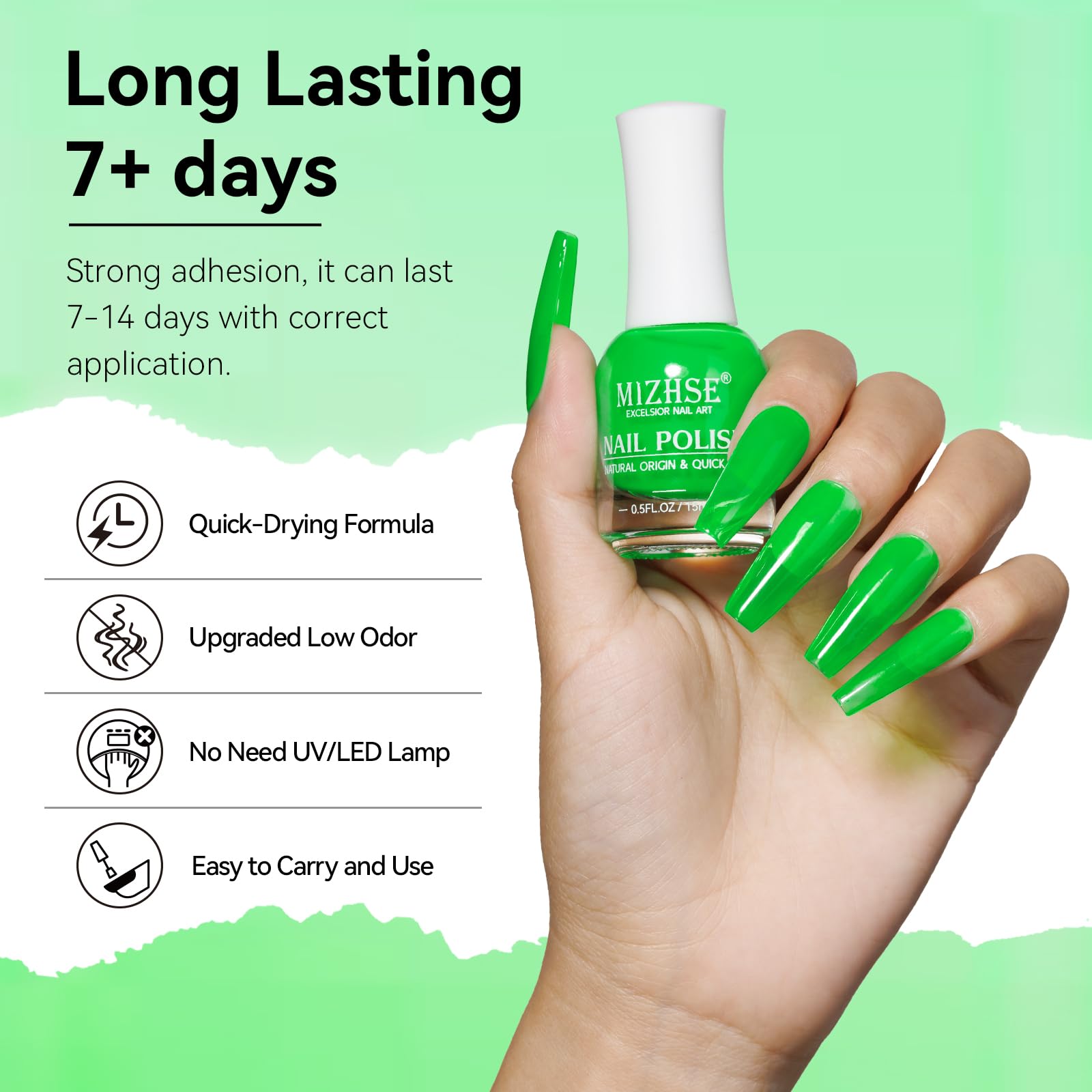Mizhse Quick Dry Nail Polish: Neon Green Bright Nail Polish Air Dry Fast, 15Ml/0.5 Fl Oz Regular Water-Based Nail Lacquer Non-Ge