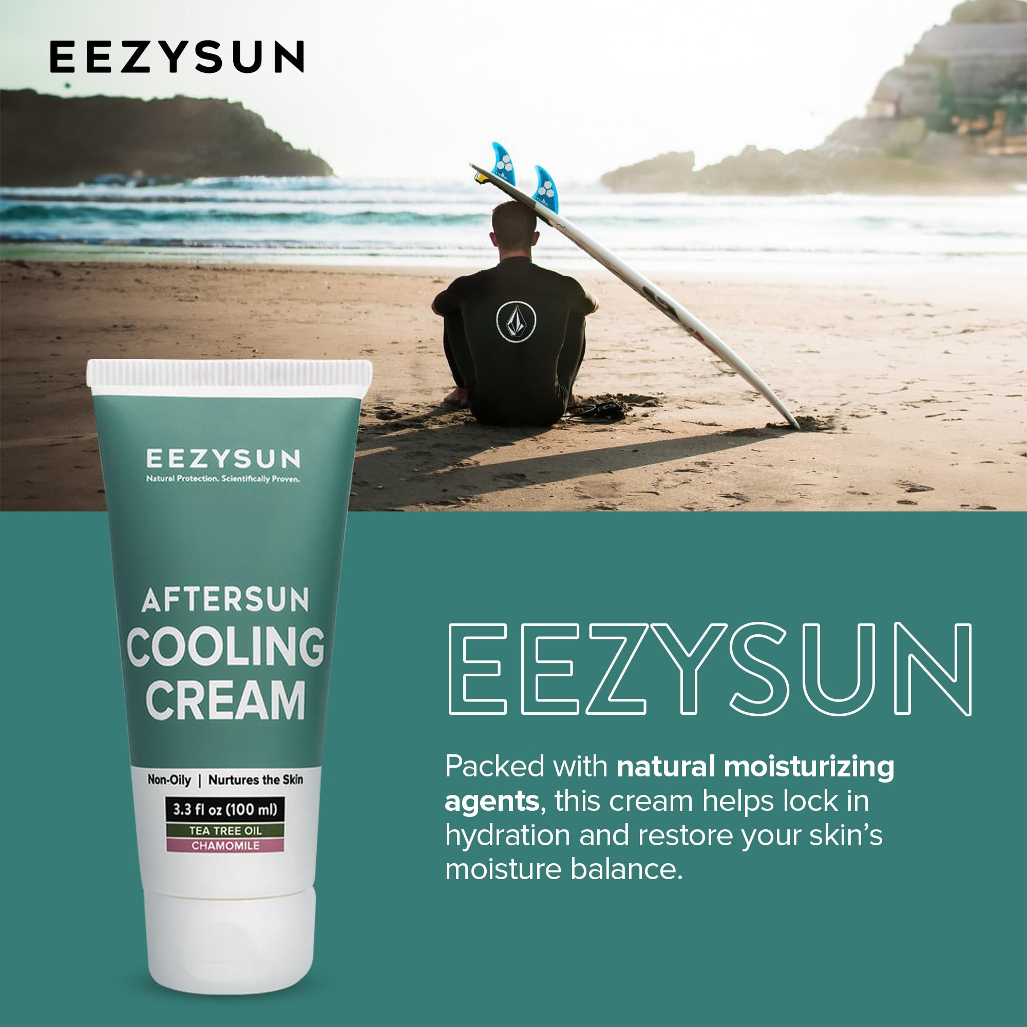 EEZYSUN AfterSun Cooling Cream | Vegan AfterSun Care with Aloe Vera, Tea Tree Oil, & Chamomile to Soothe, Hydrate, & Repair Sunb