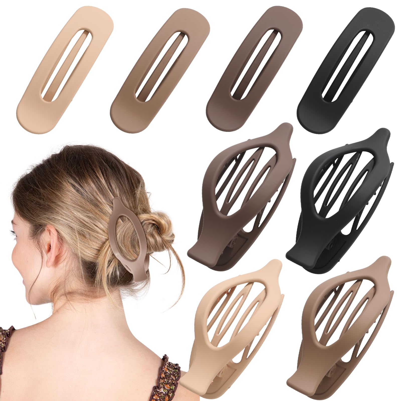 8 PCS Flat Hair Clips, Neutral Color Flat Claw Clips, 2 Styles French Concord Hair Clips for Women Girls, Large Curved Claw Clip