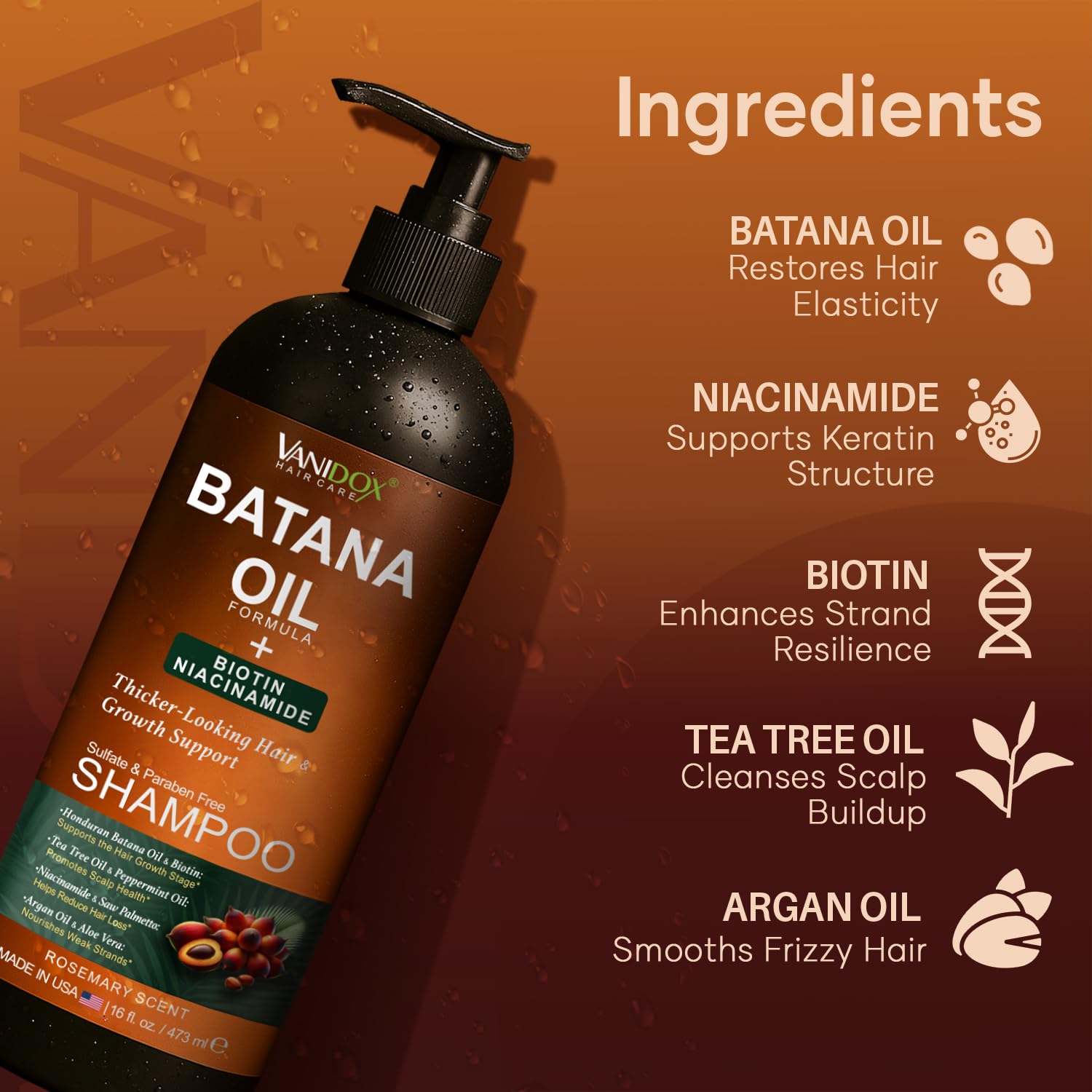 VANIDOX Batana Oil Shampoo - Biotin & Niacinamide Enriched - Sulfate-Free, Paraben-Free - Moisturizing & Strengthening Hair Clea