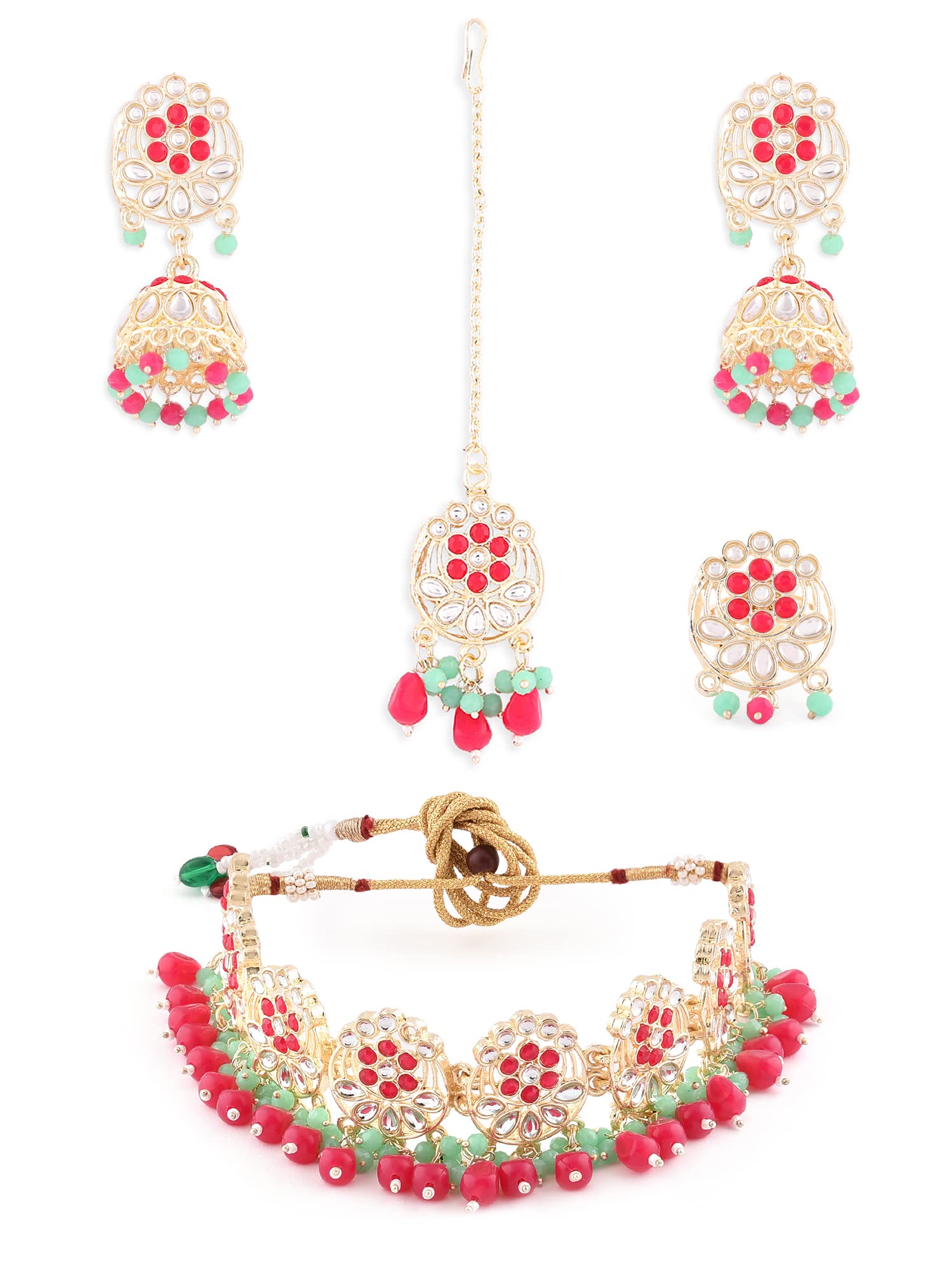 Zaveri Pearls Pink & Green Ethnic Kundan Choker Necklace Earring Maangtikka & Ring Set For WomenZpfk14391