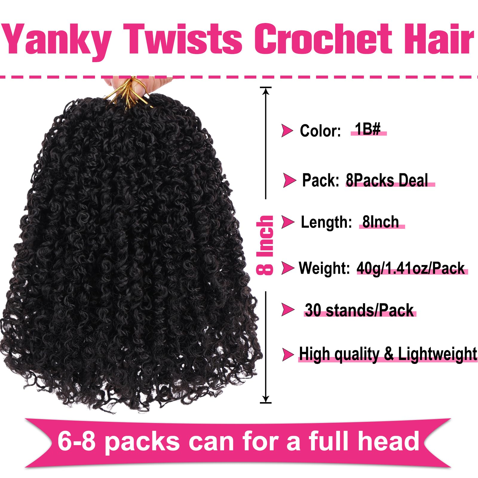Unionbeauty 8 Packs Pre-looped Yanky Twist Crochet Braids Hair 8 Inch 30 Strands/PCS Natural Black Pre-twisted Passion Twist Boh