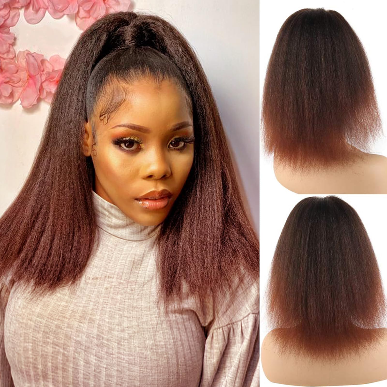 LEOSA Kinky Straight Ponytail Extension 14 inch Drawstring Ponytails for Black Women Short Ombre Burgundy Yaki Drawstring Ponyta