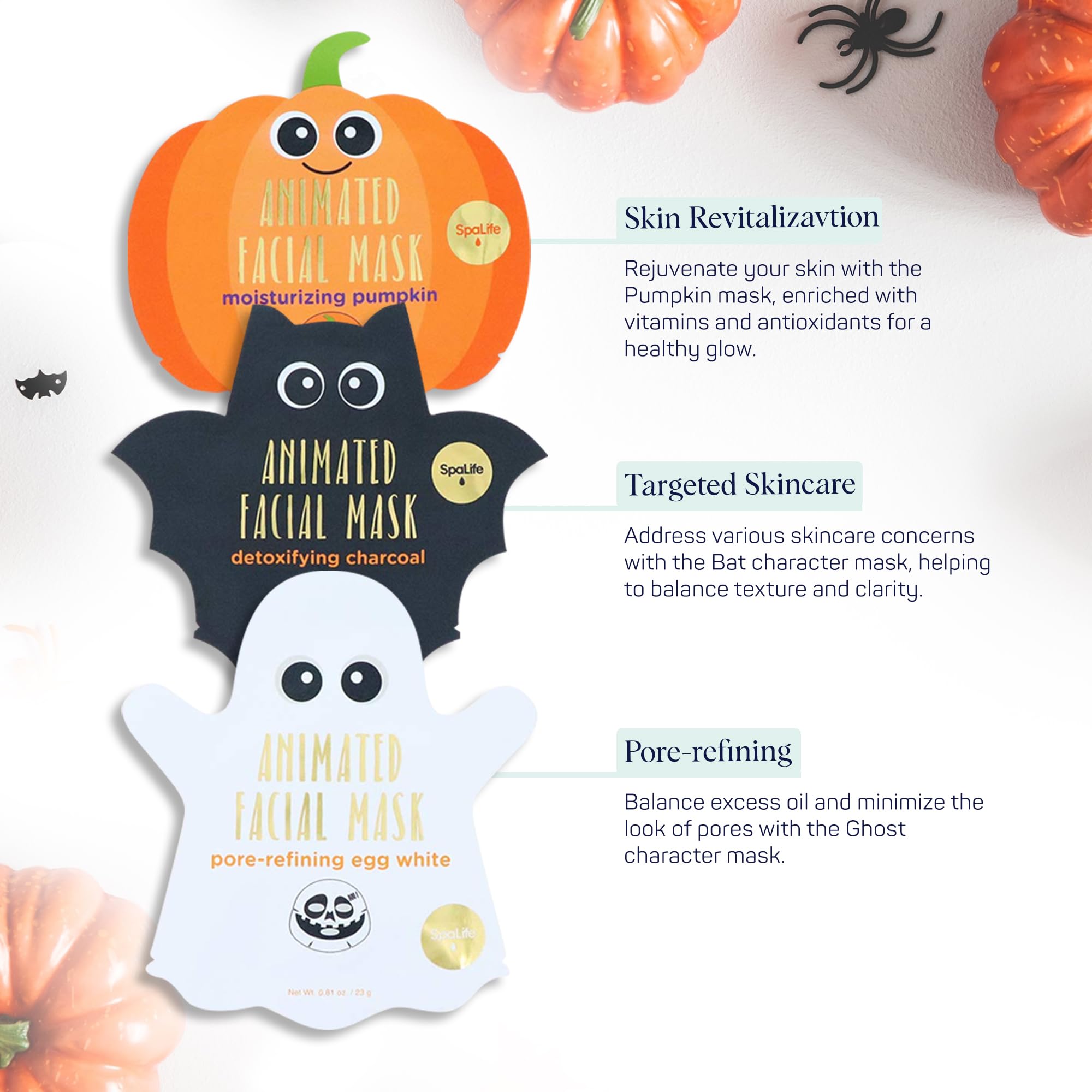 SpaLife Halloween Facial Mask Sheet Bundle - Pumpkin, Ghost, Bat - 9 Count Moisturizing Face Masks for Skin Care and Beauty