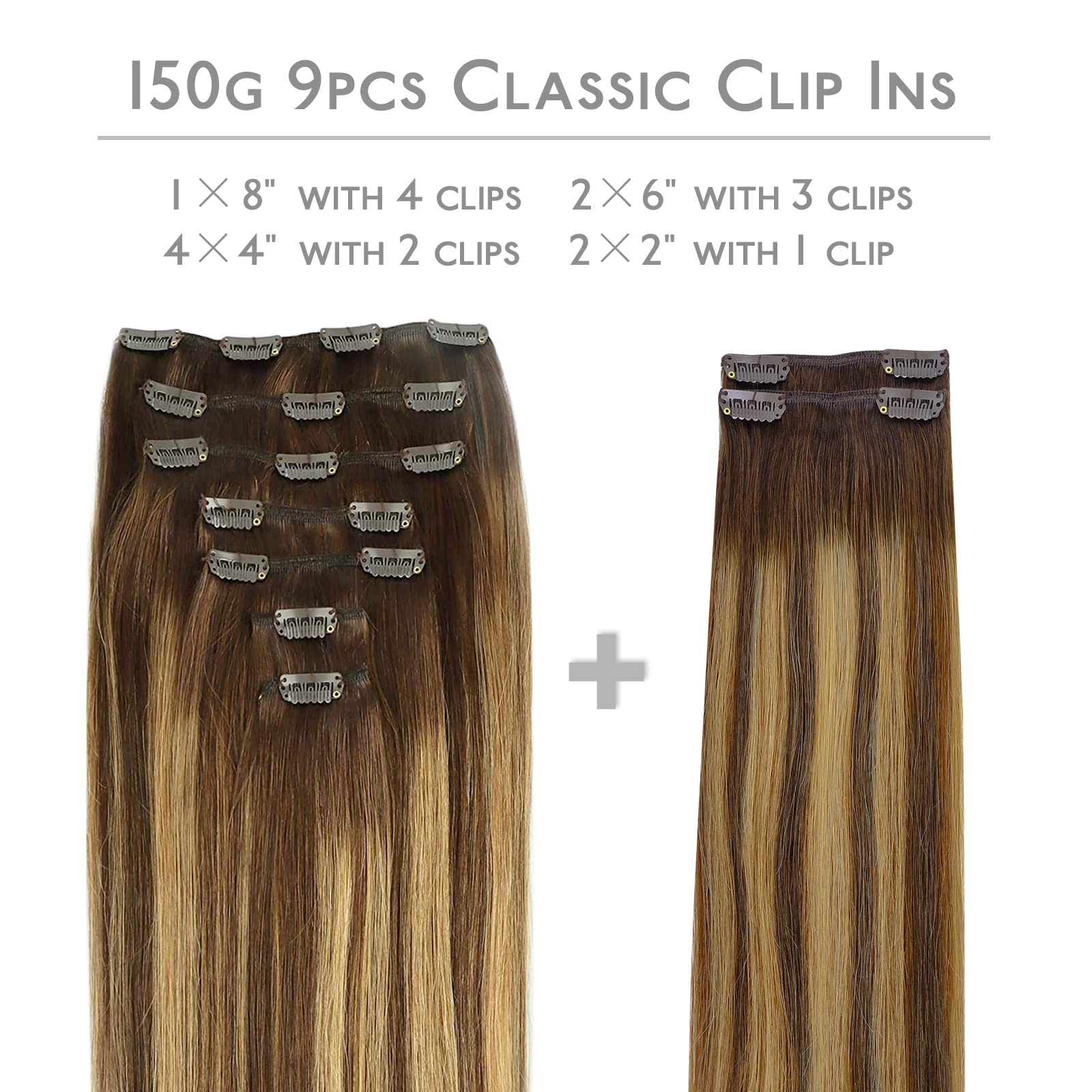 Wennalife Clip In Hair Extensions, 150G 18 Inch 9Pcs Balayage Chocolate Brown To Caramel Blonde Human Hair Extensions Thicker Cl