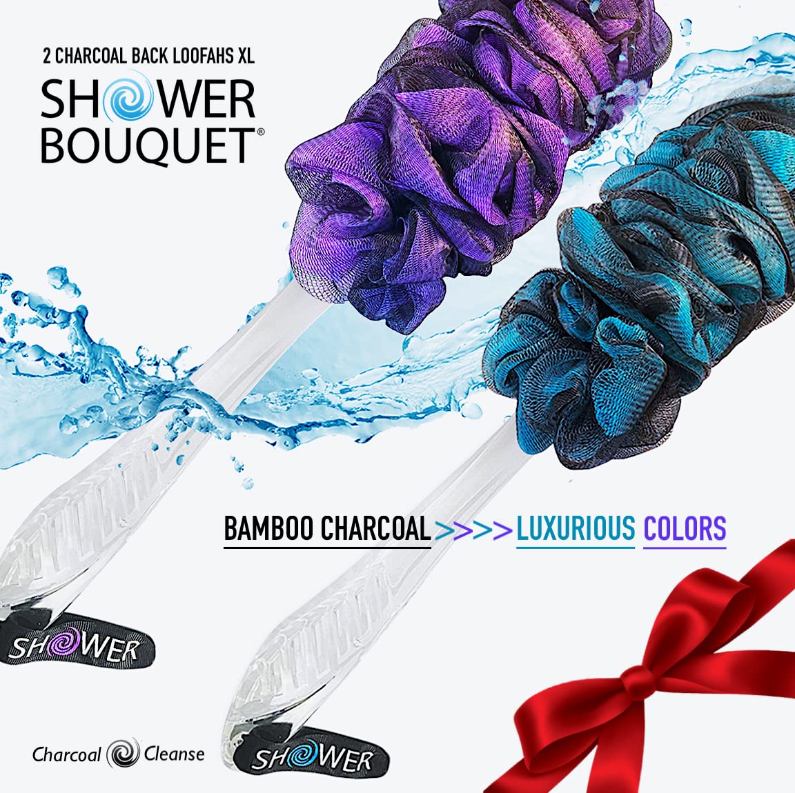 Loofah-Charcoal Back-Scrubbers Color-2-Pack-By-Shower-Bouquet: Long-Handle Bath-Sponge-Brushes With Extra Large Soft Mesh For Me