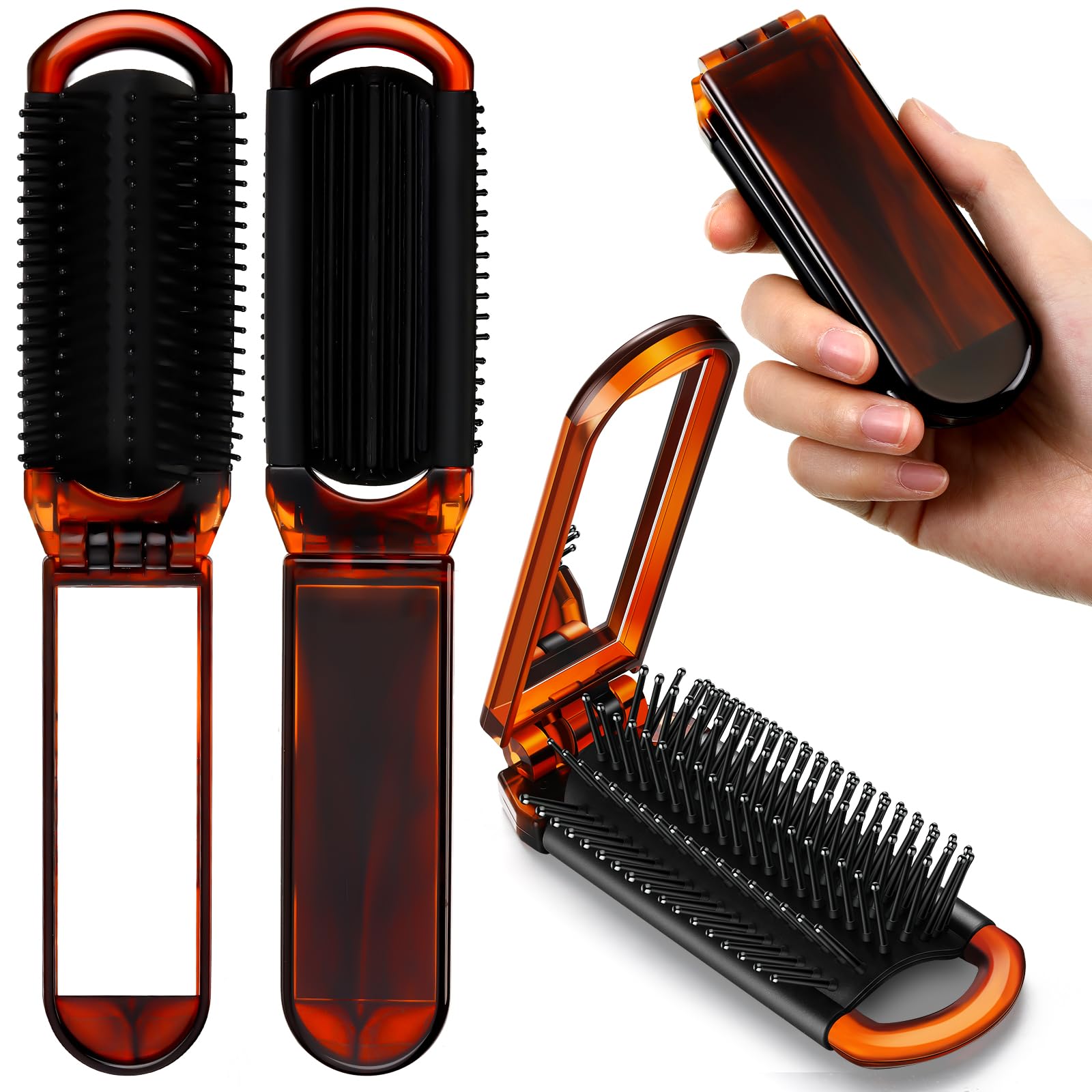 Nuenen 4 Pcs Folding Hair Brush With Mirror Portable Mini Hair Brush Small Compact Pocket Hair Comb For Family Travel Car Gym Wi