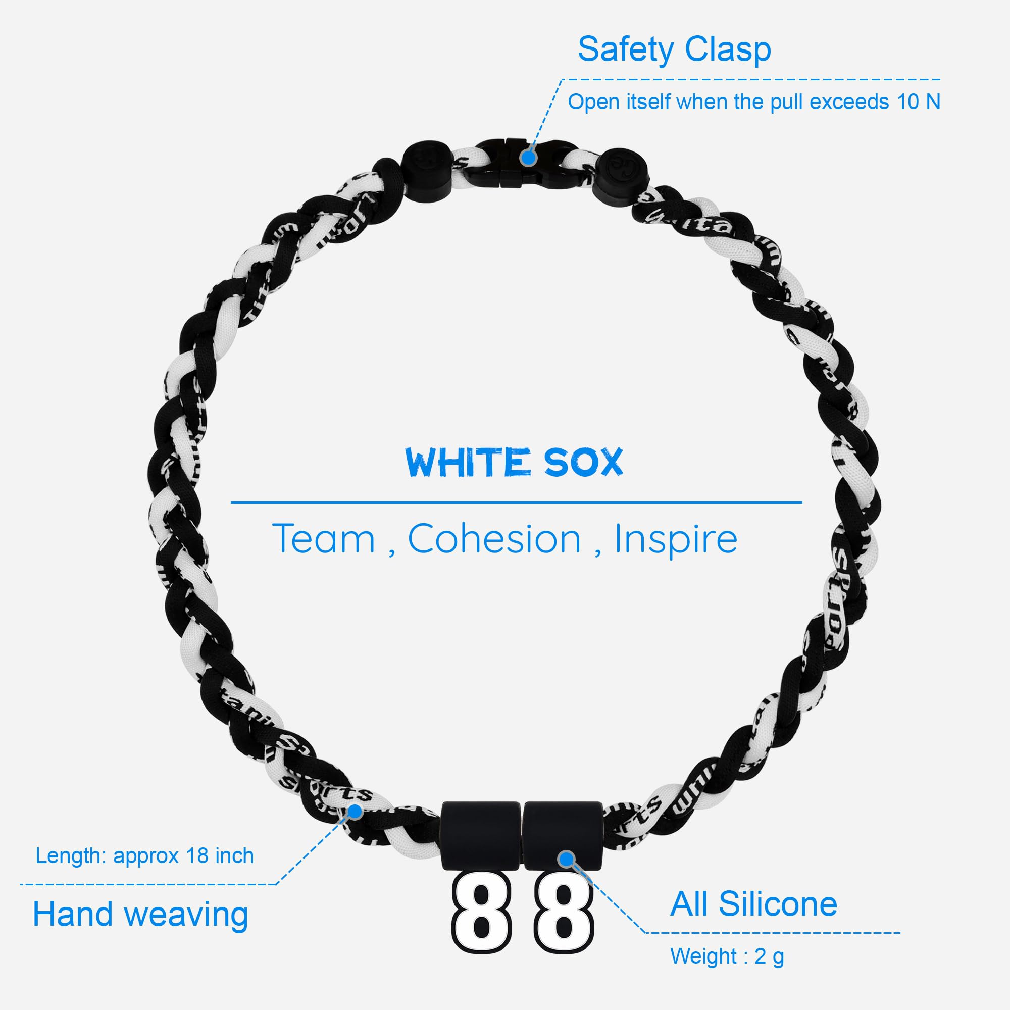 SUPBOMM Baseball Rope Necklaces, League Team Colors Braided Necklace with Number Pendant, Baseball Team Gifts, White Sox, No. 88