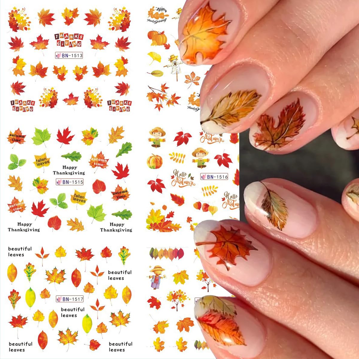 Fall Nail Art Stickers Autumn Nail Supplies Maple Leaves Nail Art Water Decals Transfer Foil Maple Leaf Pumpkin Turkey Stickers
