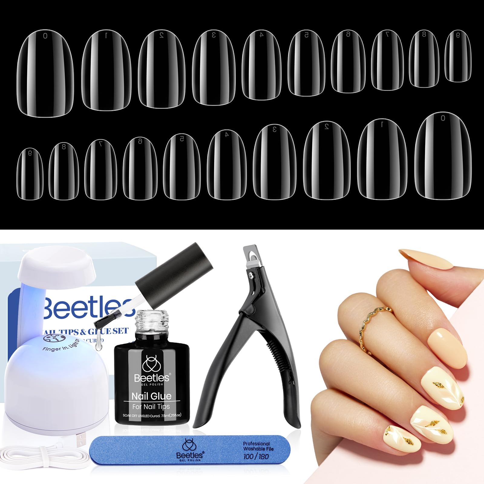 Beetles Nail Tips 240 Pcs Short Oval Beetles Gel X Nail Kit 5 In 1 Nail Glue Base Gel Uv Led Lamp Press on Nails Easy Nail Exten