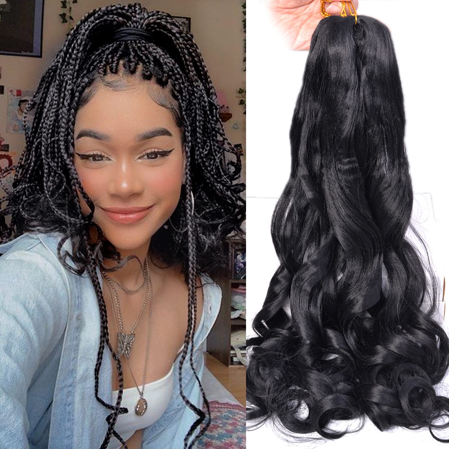 French Curly Braiding Hair 16 inch Loose Wavy 8 Pack Bouncy Braiding Hair extensions 1B Black 75g/Pack French Curls Synthetic Ha