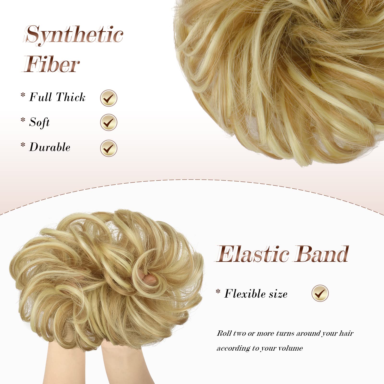 Feshfen Messy Bun Hair Piece Curly Wavy Large Hair Bun Scrunchies Extensions Honey Blonde & Bleach Blonde Synthetic Tousled Updo